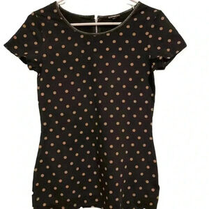 Express Women’s Blouse Faux Leather Trim Top Black Polka Dots Sz. M